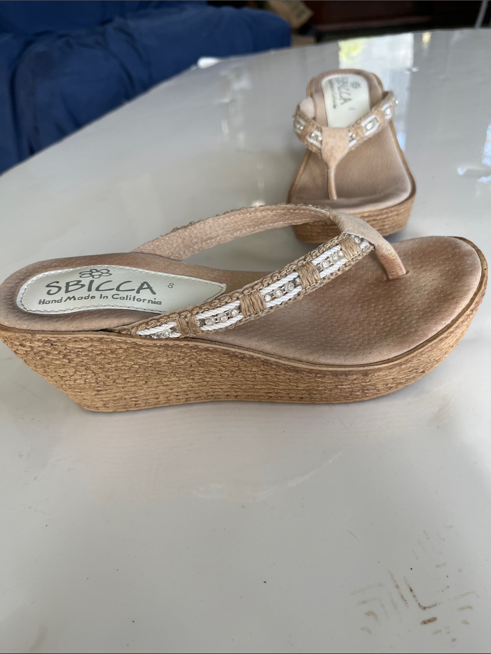 Sbicca Beige/Tan Beaded Wedge Thong Sandals